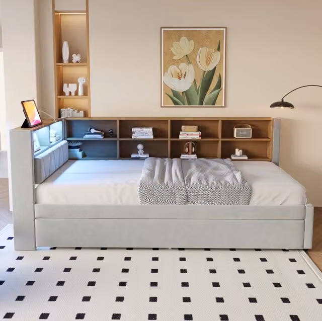 Divano letto multifunzionale 90x200 cm con letto estraibile 90x190 cm, illuminazione LED, prese di corrente e ampi vani portaoggetti, in flanella grigio chiaro