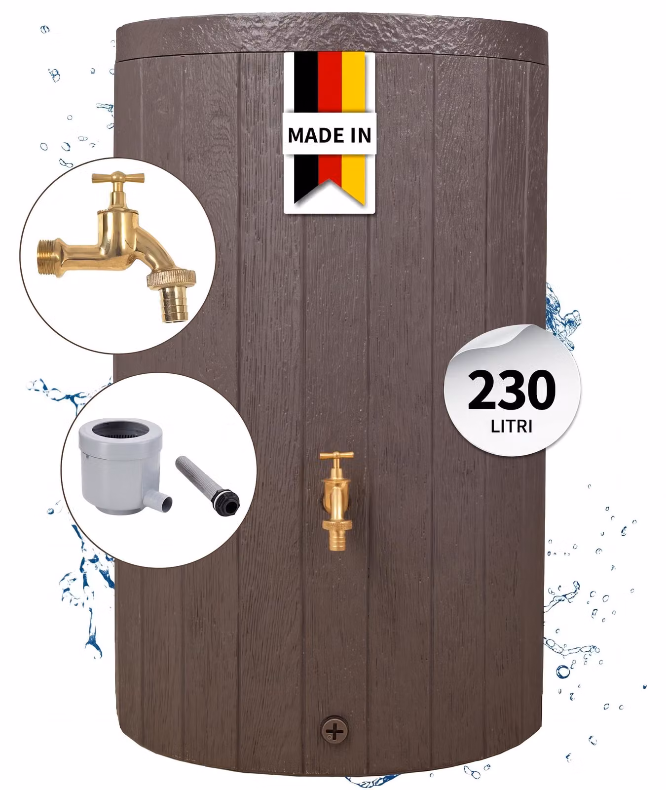 GARANTIA TIMBER serbatoio per pioggia set completo 230 litri marrone incl. rubinetto in ottone e raccordo pluviale