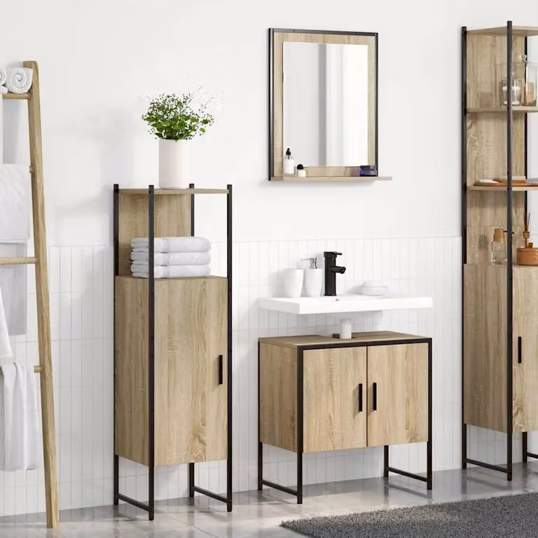Set di mobili per il bagno moderno vidaXL in 3 pezzi Marrone e Nero, composto da mobile lavabo, armadietto con specchio e colonna, L/P/H: 60 x 33 x 60 cm