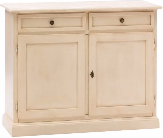 Madia credenza shabby chic in legno di pino con 2 porte, colore bianco avorio anticato, Mobili 2G, L: 105 cm, P: 42 cm, H: 85 cm