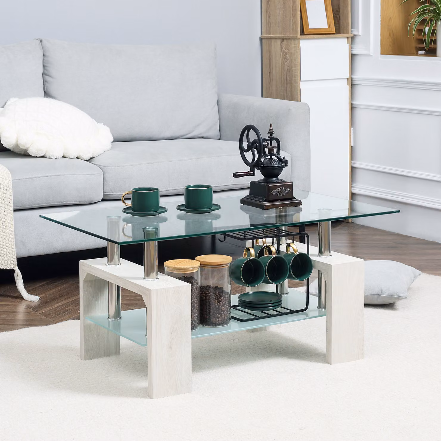 Tavolino da caffè moderno HOMCOM a 2 livelli in vetro trasparente e legno bianco, L: 90 cm, P: 50 cm, H: 42 cm – 2