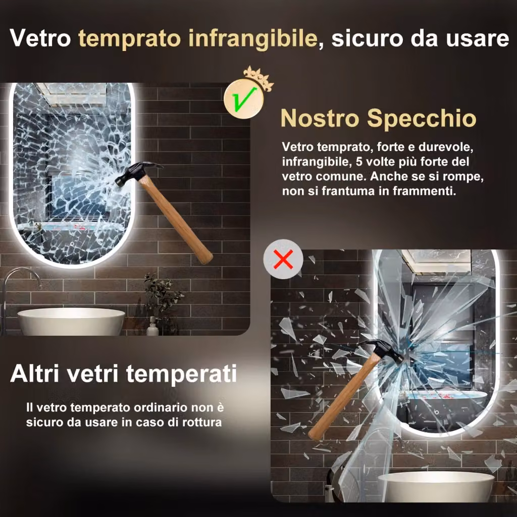 Specchio rettangolare AICA ITALY con luce LED dimmerabile, funzione antiappannamento e comando touch, L: 60 cm, H: 80 cm – 2