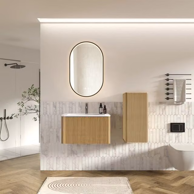 Armadietto da bagno sospeso a parete con lavabo colonna laterale e specchio LED regolabile rovere per bagno moderno