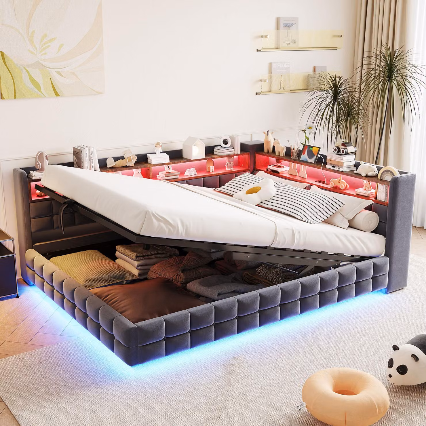 Divano letto idraulico 140x200 cm con spazio contenitore, letto imbottito con rivestimento in ecopelle e funzione cassettiera, divano letto giorno con vano portaoggetti, letto contenitore in velluto, color grigio scuro