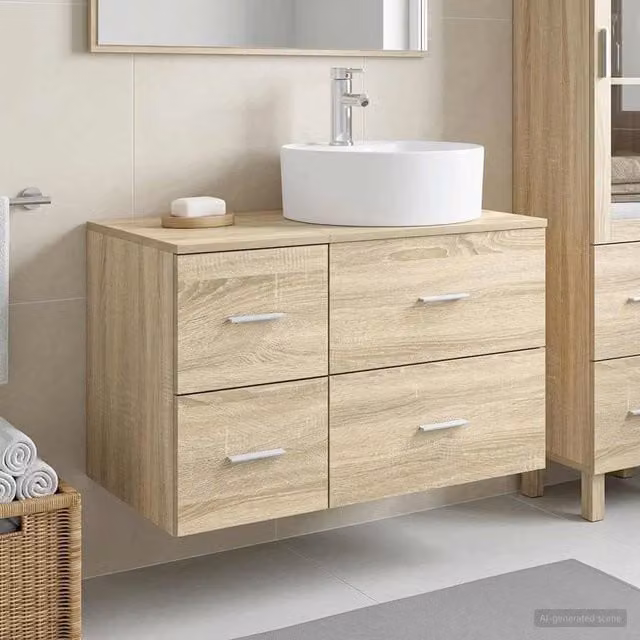 Set di mobili da bagno moderni vidaXL in legno color rovere con base lavabo e pensile sospeso L/P/H: 82,0 x 37,3 x 49,5 cm e 44,5 x 34,0 x 49,5 cm – 1
