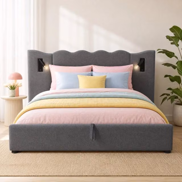 Letto matrimoniale contenitore 180x200 cm con lampada da lettura e porte USB-C; in lino grigio