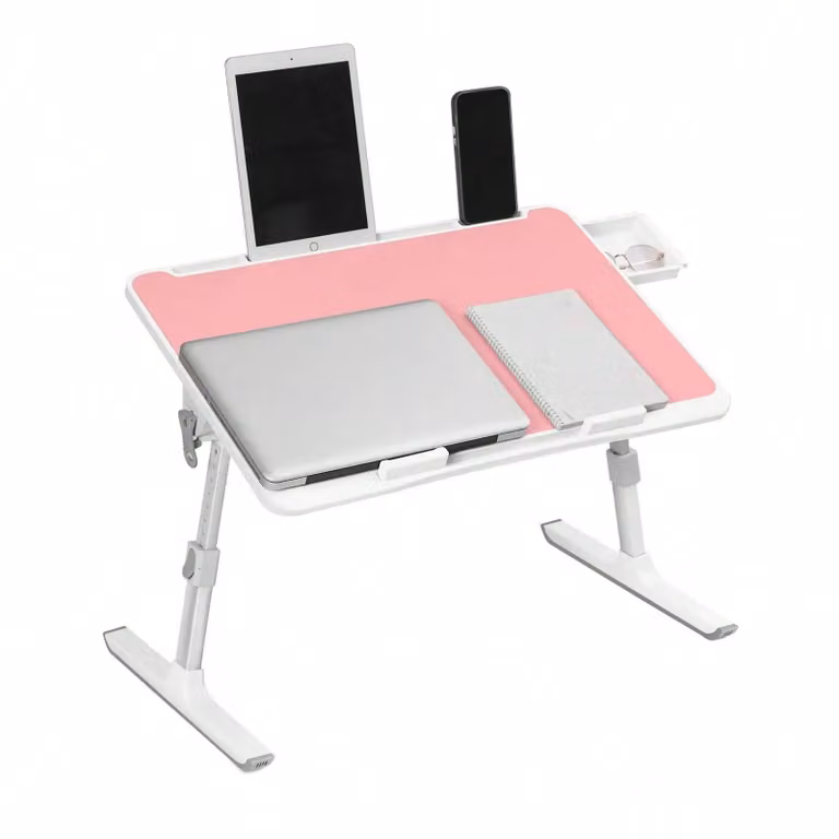 Tavolino multifunzionale per laptop - Tavolino da letto/divano - 60×40 cm - Regolabile in altezza e inclinazione - Pieghevole - Con cassetto - Rosa