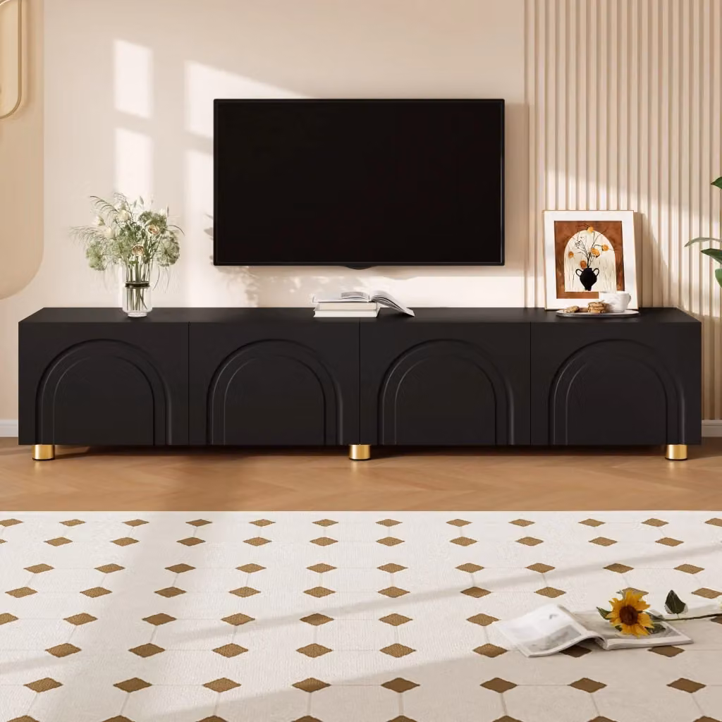 Cassettiera TV moderna KOMHTOM nera in MDF e metallo per soggiorno L: 180 cm, P: 40 cm, H: 35 cm – 2