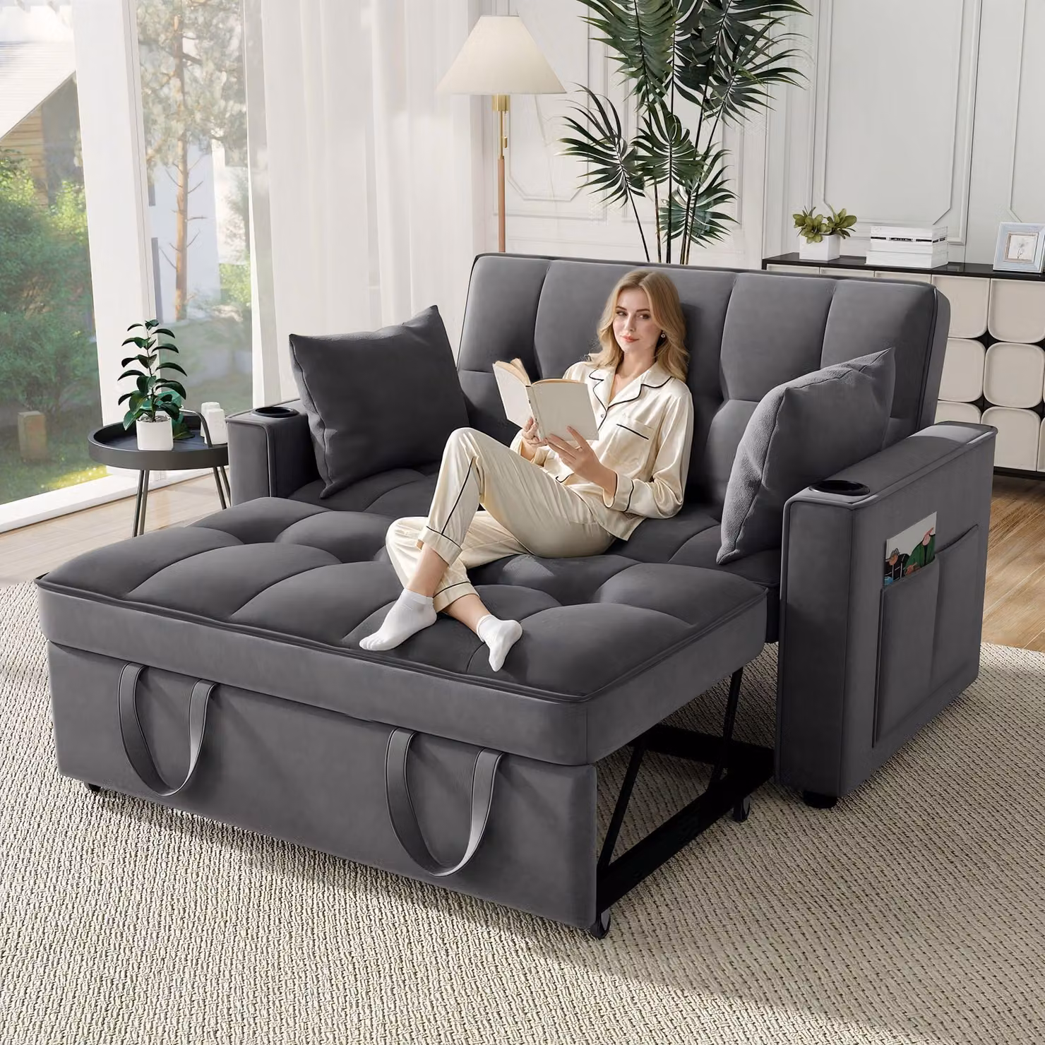 Divano letto pieghevole Merax 3 in 1 con funzione letto, divano letto con 2 cuscini, poltrona lounge con funzione letto, divano pieghevole con tanto spazio, grigio