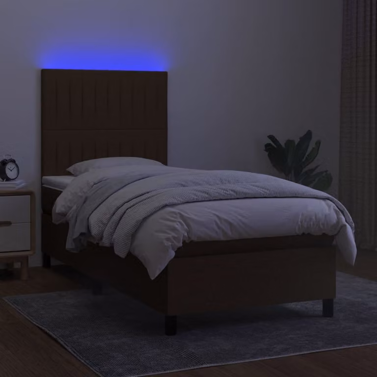 The Living Store Letto a molle con materasso e LED in tessuto marrone scuro 100x200 cm