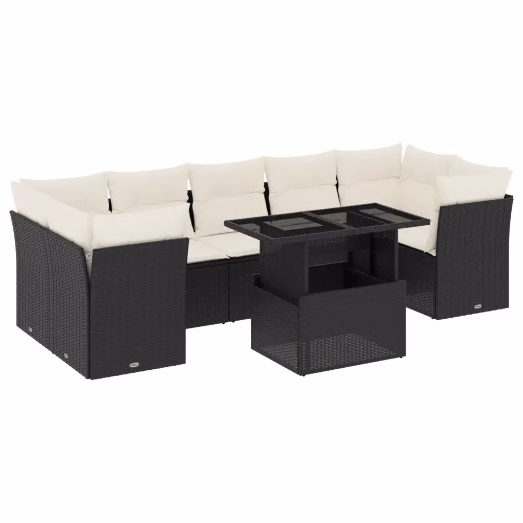 Set di divani da giardino vidaXL in polyrattan nero con cuscini e tavolino da esterno a forma di L – 2