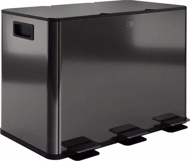 Pattumiera da cucina XYLO nera con 3 scomparti da 15L e coperchio soft close, secchi rimovibili e azionamento a pedale