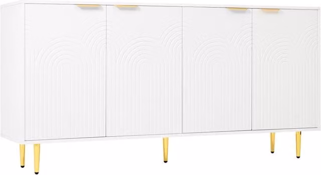 Credenza bianca con 4 ante, maniglie dorate spazzolate e gambe lucide 160×80×40 cm