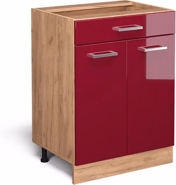 Mobiletto base per cucina Vicco R-Line Rosso lucido e Rovere dorato con cassetto, senza piano di lavoro, L: 60 cm