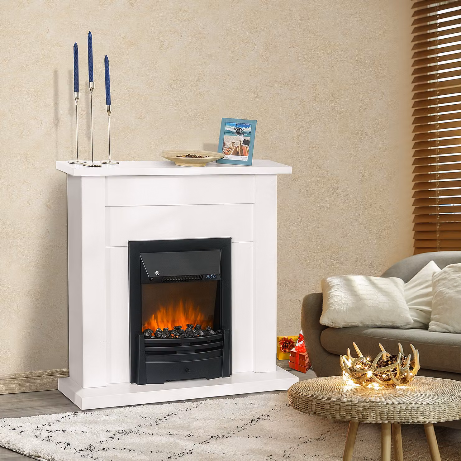 Camino Elettrico HOMCOM con Effetto Fiamma a 5 Livelli, Vetro Temperato e Telecomando, Bianco, L 102 x P 30 x H 95 cm – 2