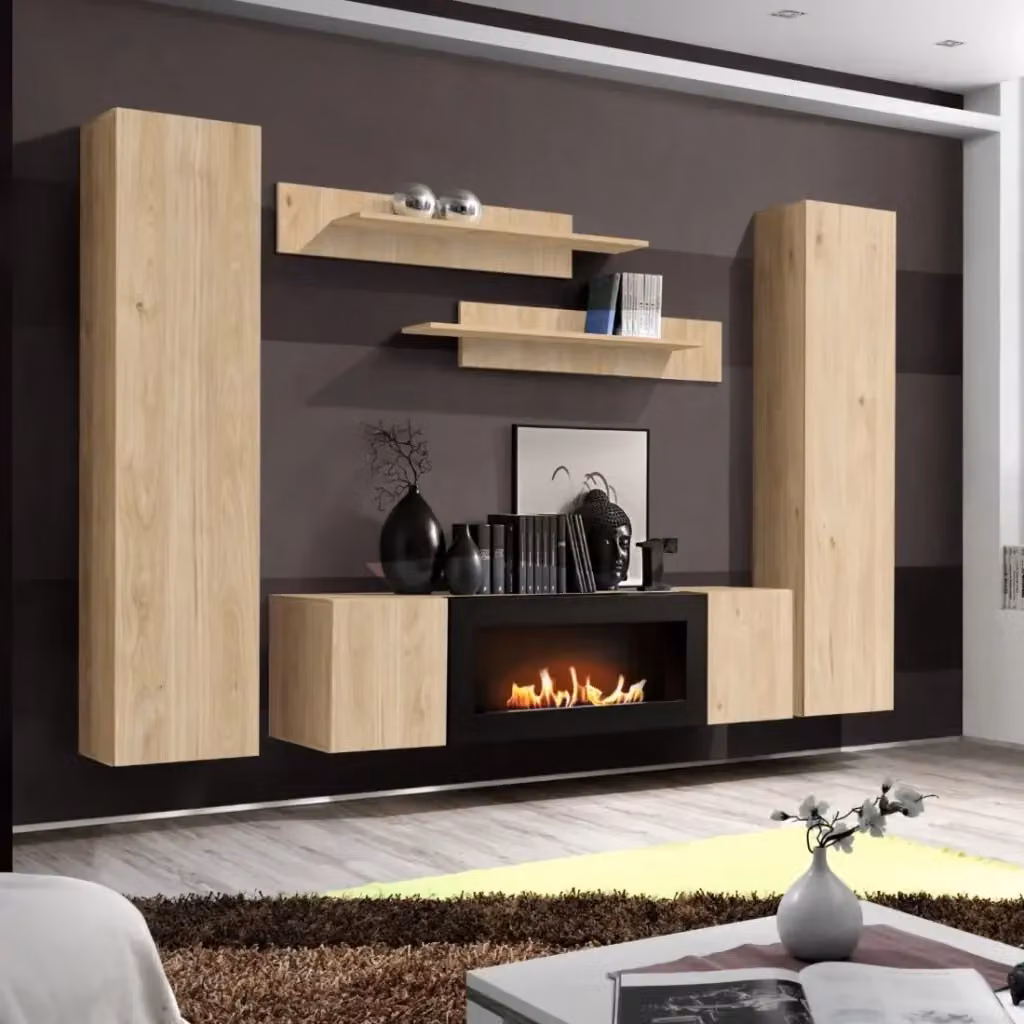 Composizione murale FLY Meublorama in rovere chiaro e beige con mobile TV, vetrine, scaffali e camino bio-etanolo integrato L 260 x A 170 x P 40 cm – 2
