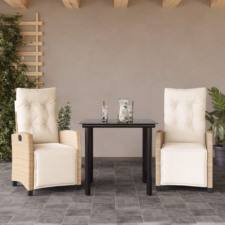 Set da Pranzo da Giardino vidaXL in Polyrattan con Cuscini Beige e Tavolo in Vetro, 3 Pezzi