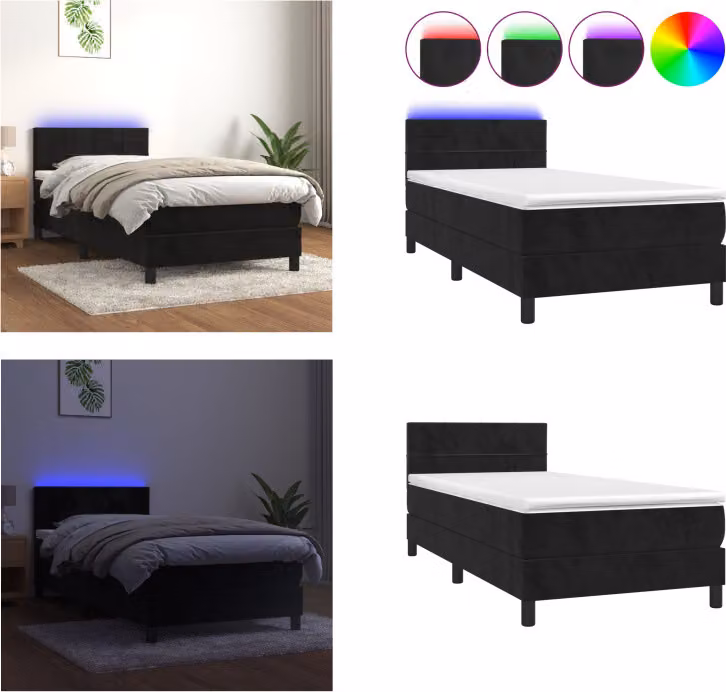 vidaXL Letto a molle con materasso e LED nero 90x190 cm in velluto - Letto a molle - Boxspringbetten - Bett - Schlafzimmermöbel