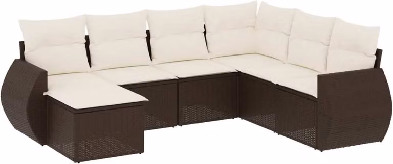Set Divani da Giardino 7 pz con Cuscini Marrone in Polyrattan