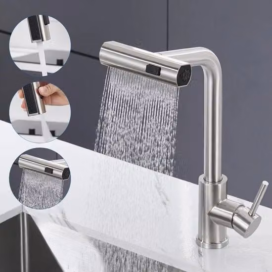 Cranio a spina di coccodrillo per cucina, con 3 posizioni, alta pressione, in acciaio inossidabile lucidato, miscelatore 360° girevole per lavabo, tipo waterval.