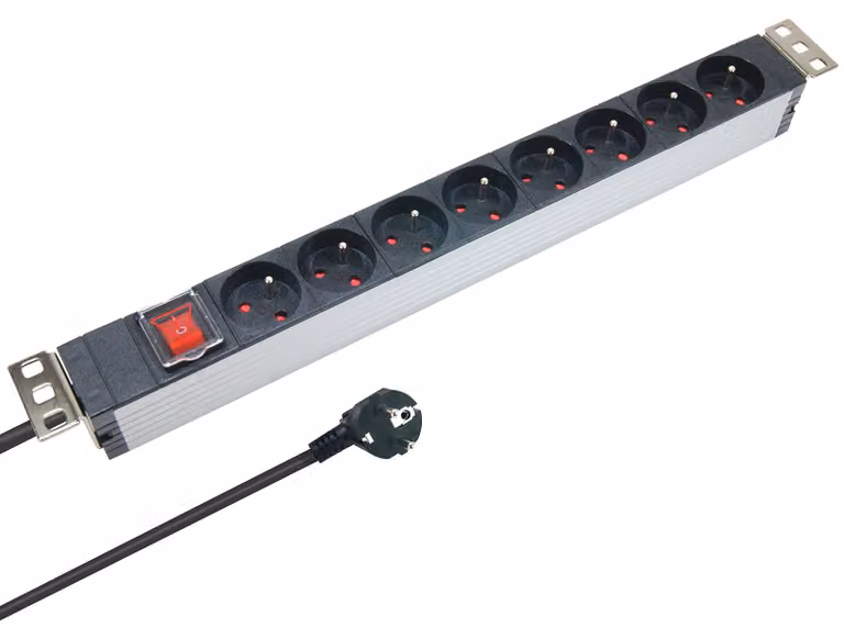 Barra multipresa da montaggio a rack 19", alluminio Waytex, 8 prese, con interruttore, sistema di fissaggio oscillante