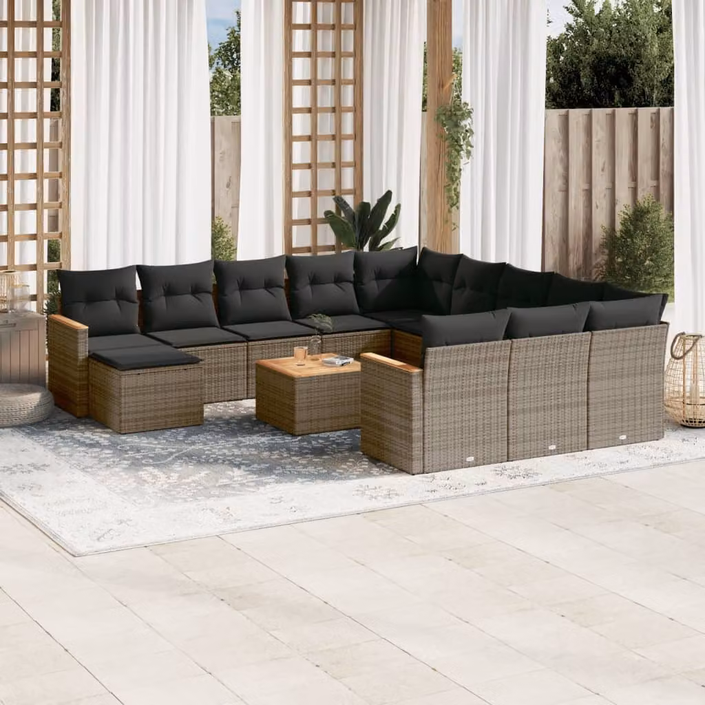 Set di divani da giardino vidaXL in polyrattan grigio con cuscini, tavolino e pouf, design moderno a forma di L