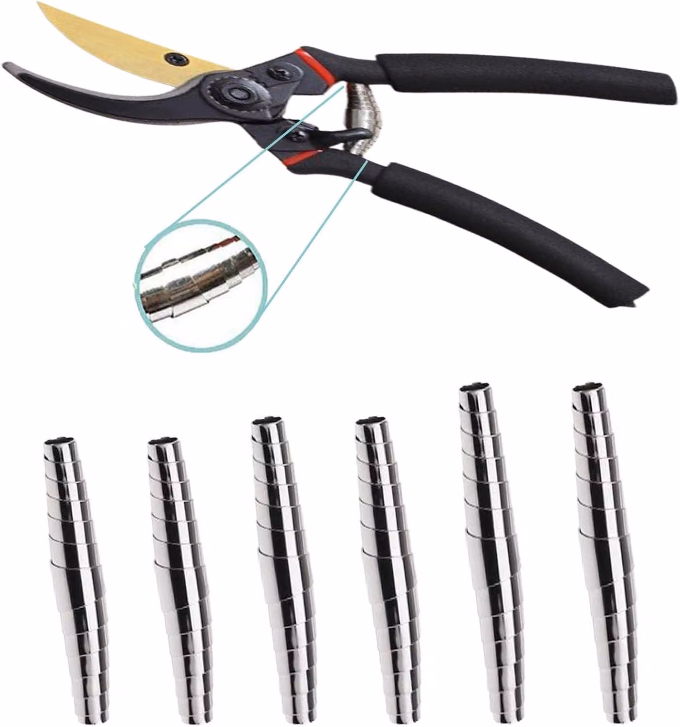 Set di ricambi per forbici da giardino, composto da 6 pezzi, inclusi molle a spirale in metallo di diverse dimensioni, adatte a forbici da giardino
