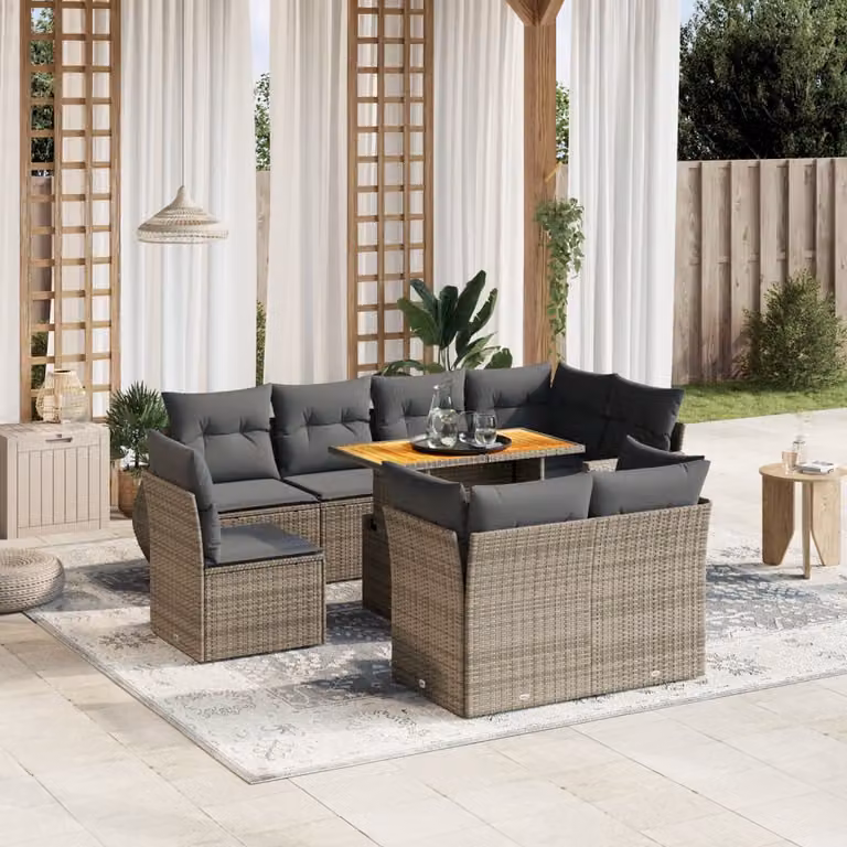 vidaXL Set Divano da Giardino a L 9 pz con Cuscini Grigio in Polyrattan e Acciaio