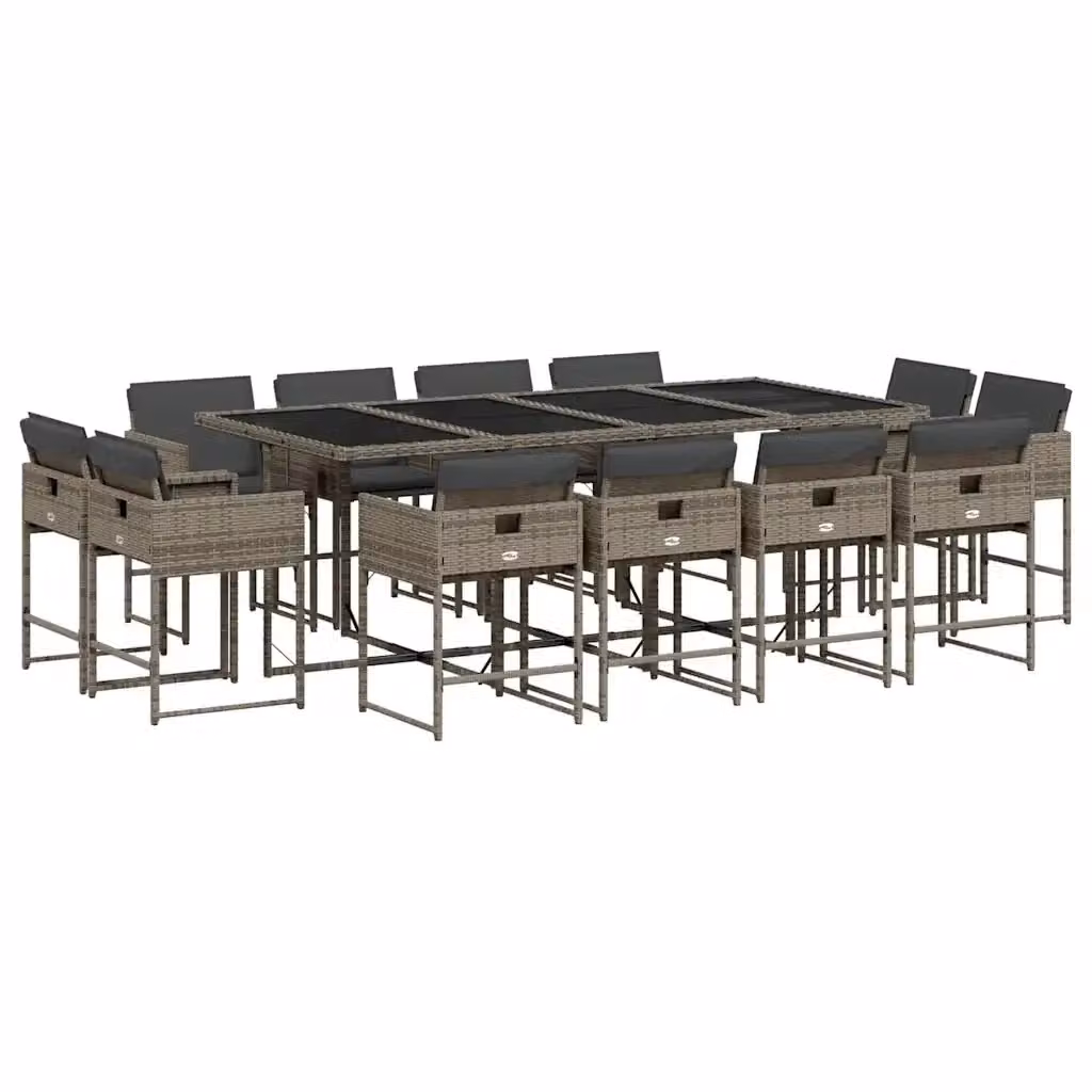 Set da Pranzo da Giardino vidaXL in Polyrattan Grigio con Cuscini e Tavolo in Vetro, 13 Pezzi – 2