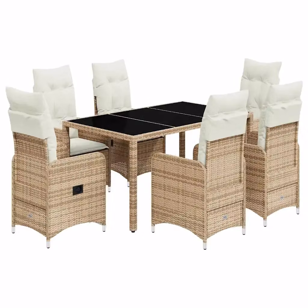 Set da Bistrò da Giardino vidaXL in Polyrattan con Cuscini Beige e Tavolo in Vetro, 7 Pezzi – 2