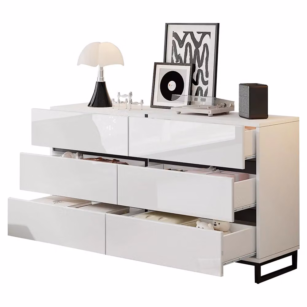 Credenza per soggiorno Xylo con 6 cassetti e piedi in metallo, Bianco/Nero, L 140 cm x P 39,5 cm x H 78,5 cm – 2