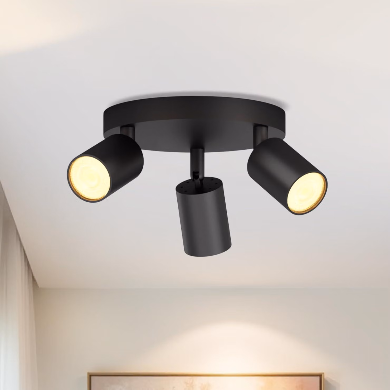 LVWIT, plafoniera LED a 3 luci, design rotondo, orientabile, colore nero. Lampada da soffitto, modello spot, girevole, moderno. 3 faretti per soggiorno, camera da letto, cucina (senza lampadine)