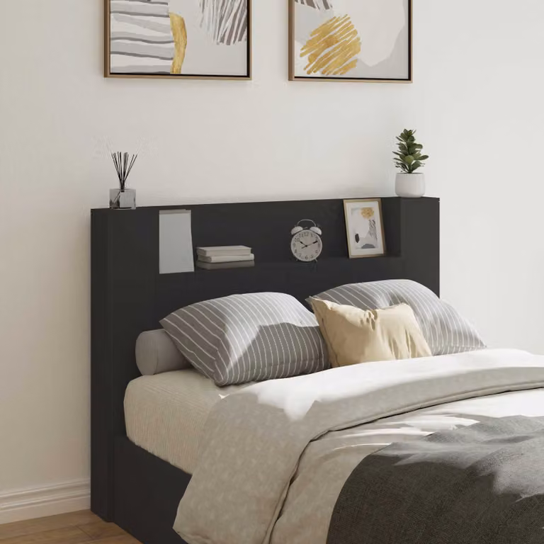 Testiera per letto con illuminazione LED e porta USB vidaXL, colore nero, in legno ingegnerizzato con ripiano integrato, L: 140,0 cm, H: 103,5 cm, P: 21,3 cm