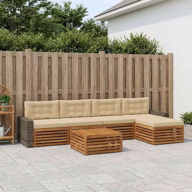vidaXL Set di divani da esterno a L composto da 6 pezzi in legno di acacia con tavolino e pouf, Colore Beige e Marrone