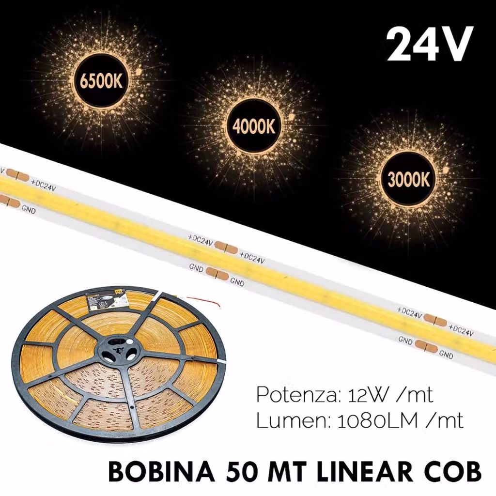 Striscia LED COB Flexible LINEAL Planetitaly 24V Luce Continua 12W/m 1080lm/m Bianco Freddo 6000K Bobina 50 metri con connettori – 2