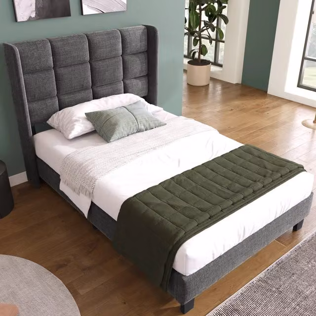 Letto Singolo Imbottito 90x200 in Lino Grigio con Rete a Doghe e Testiera Alta