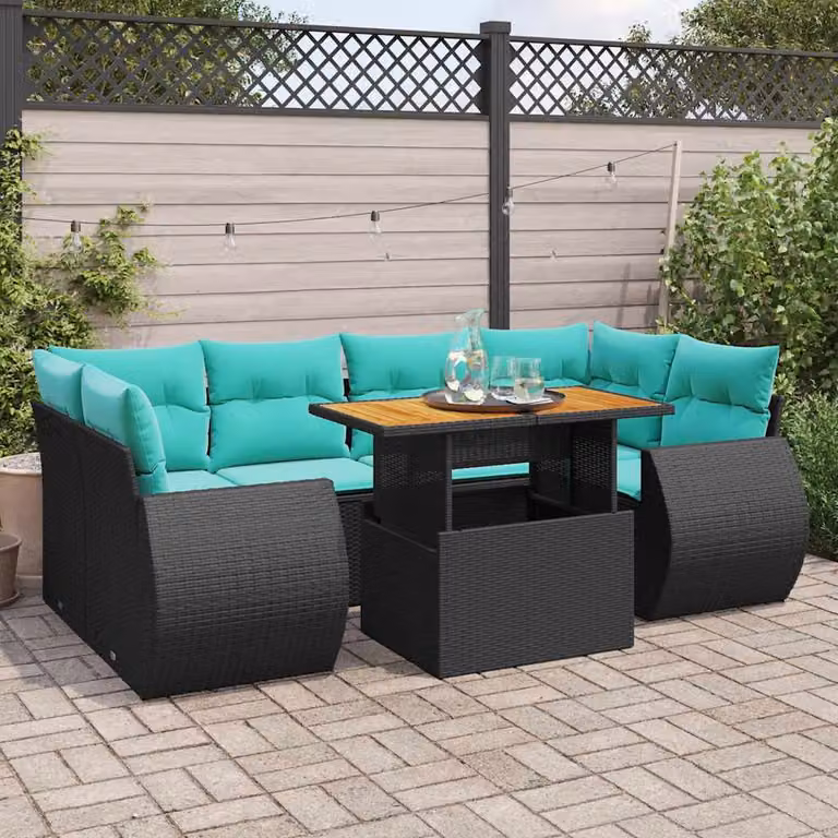 Set Divani da Giardino a L vidaXL con Cuscini Blu e Nero, 7 Pezzi con Tavolino e Struttura in Metallo e Polyrattan