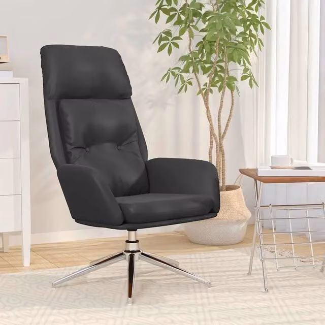 Poltrona Relax Moderna Nera con Rivestimento in Pelle e Struttura in Metallo con Base Girevole a 360 Gradi – 1