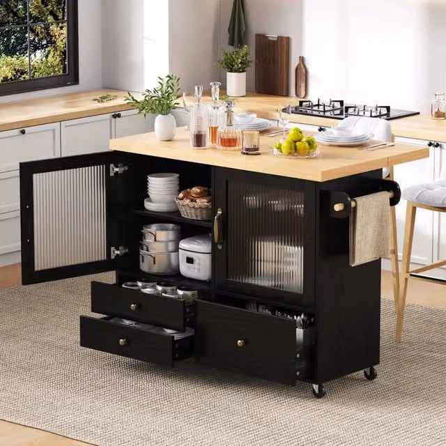 Carrello da cucina moderno OKWISH con piano estraibile, 2 ante, cassetti e portabicchieri, nero naturale, L/P/H: 100 x 42-70 x 91,5 cm