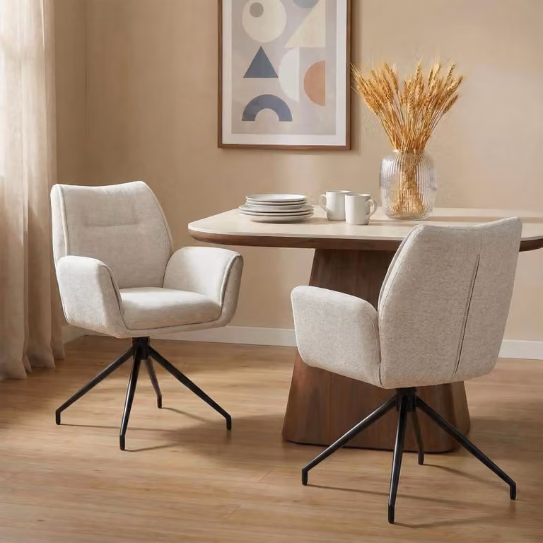 Set da 2 sedie da pranzo LIRA, bianco crema - Sedie imbottite con braccioli e rivestimento in tessuto, sedie da cucina girevoli a 360° con struttura in metallo [portata massima 120 kg]