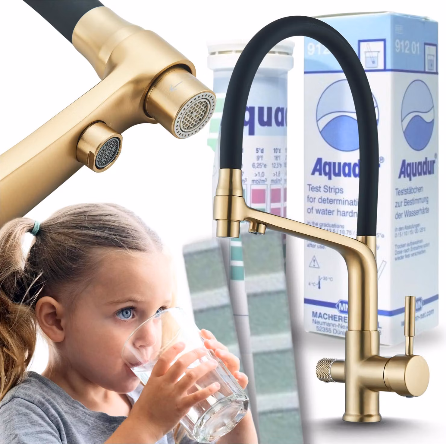 Rubinetto da cucina a 3 vie Ari Flexible, doccetta estraibile, canna girevole 360 gradi, per acqua filtrata, oro spazzolato