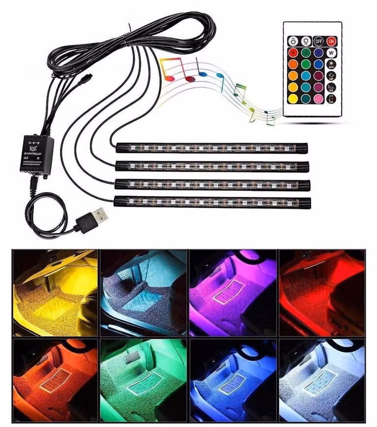 Strisce LED per interni auto, con controllo RGB, sensibili alla musica, impermeabili, con telecomando