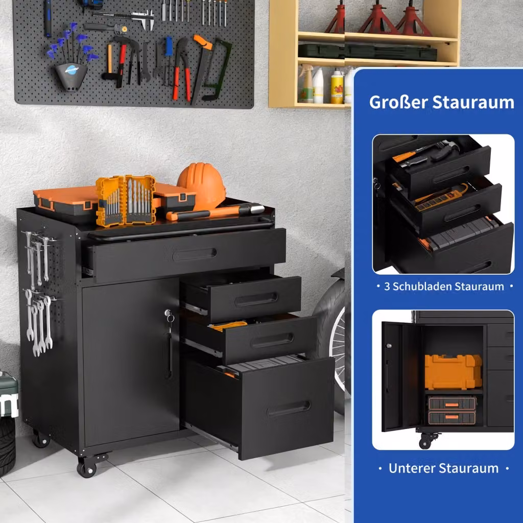 Armadio portaattrezzi mobile REDOM in metallo nero con 4 cassetti e scomparto chiudibile L: 87,3 cm, H: 75 cm, P: 42 cm – 2
