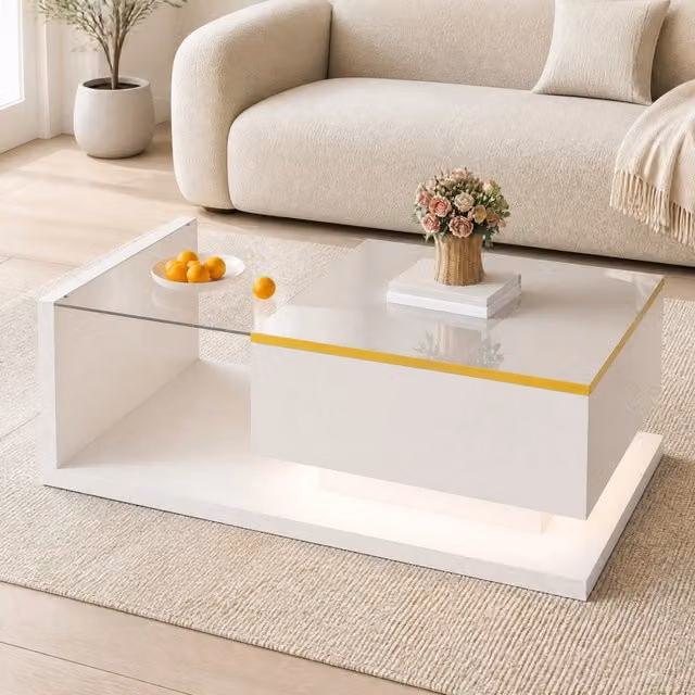 Tavolino da salotto ULEVR 90x50 cm bianco lucido con piano in vetro temperato, LED dimmerabile a 16 colori