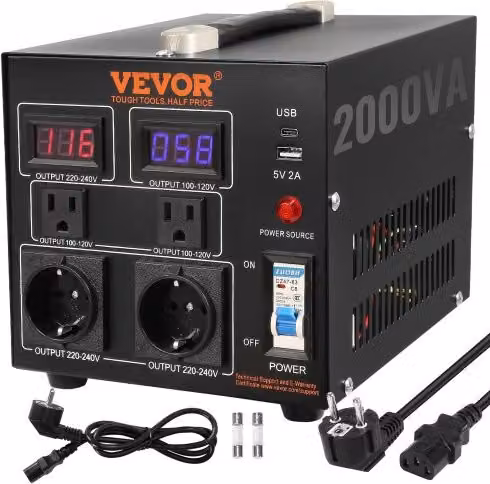 VEVOR Convertitore di Tensione Step Up/Down Portatile 2000VA, Trasformatore 110V-220V / 220V-110V con USB 5V, Colore Nero, L/P/H: 24 x 18,5 x 20 cm