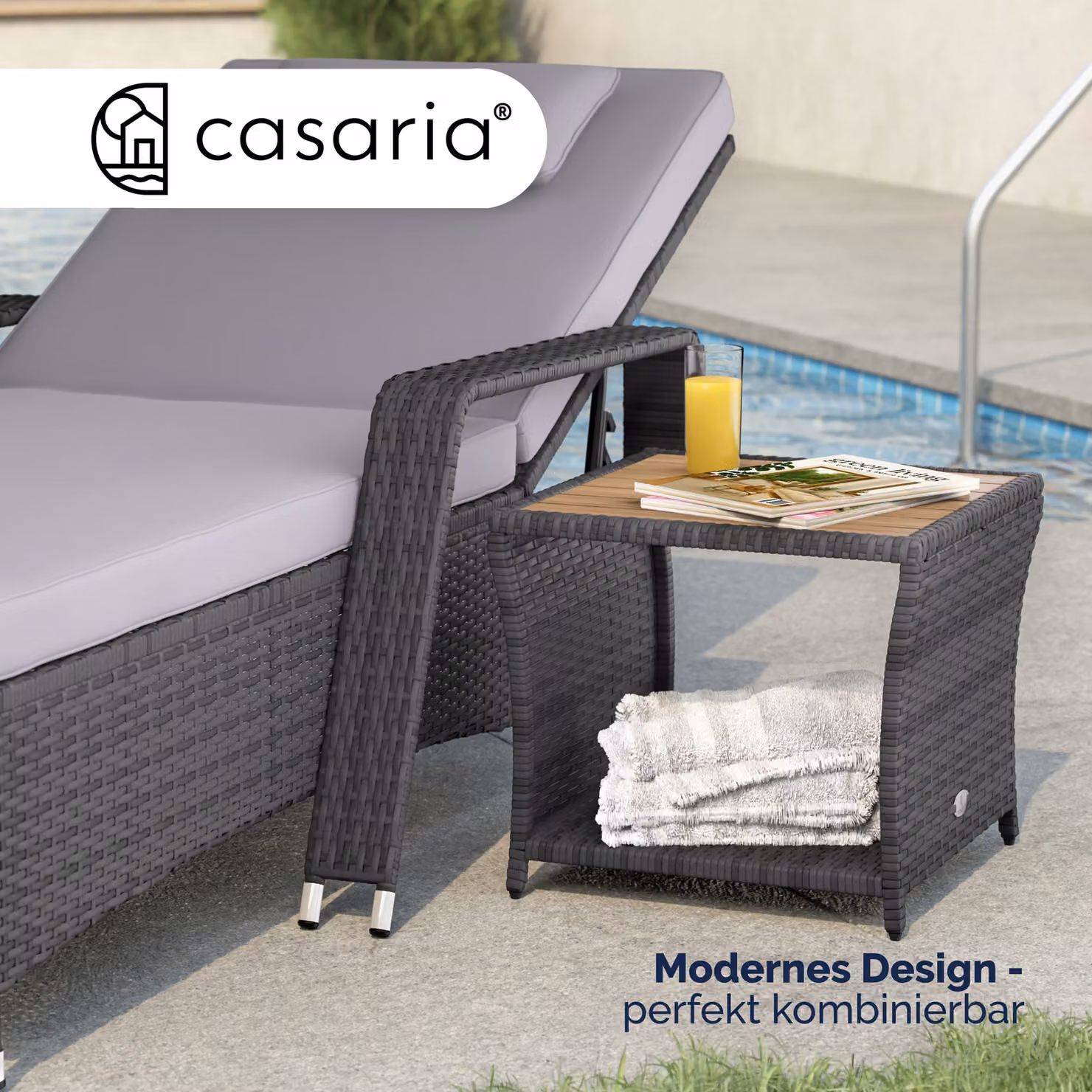 Tavolino quadrato moderno Casaria in polyrattan grigio con piano in legno di acacia L/P/H: 45 x 45 x 40 cm – 2