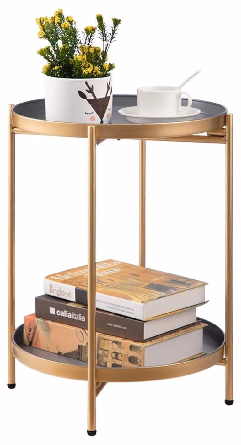 Tavolino d'appoggio - Rotondo - Metallo - Dorato, 2 ripiani - 37 x 50 cm - Per soggiorno e balcone