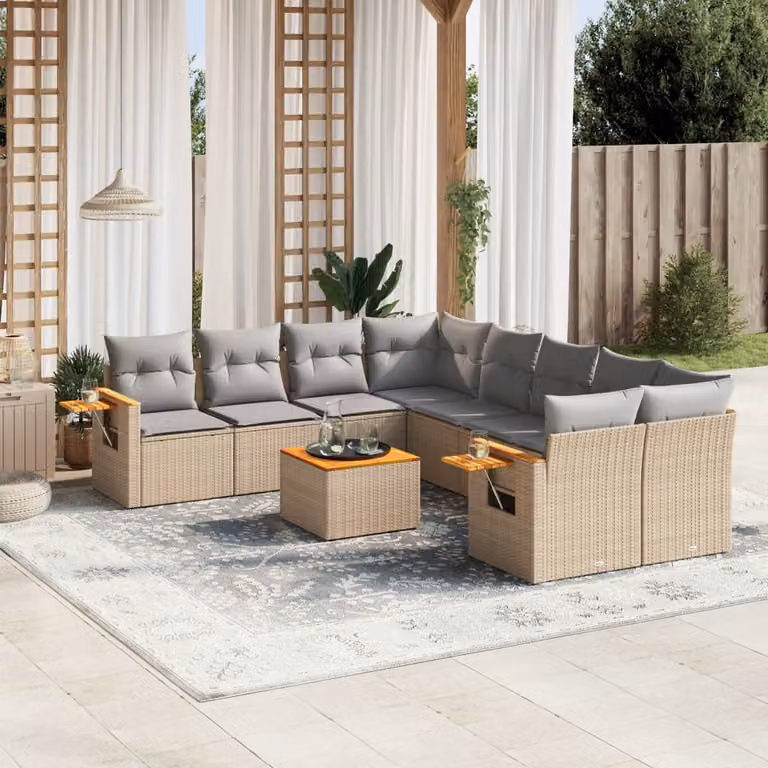 vidaXL Set Divano da Giardino a L 9 pz in Polyrattan con Cuscini Beige e Tavolino, Design Moderno con Struttura in Legno di Acacia e Tessuto Resistente ai Raggi UV