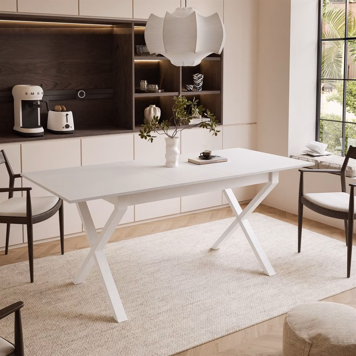 ARTON II tavolo allungabile 140 cm bianco, gambe a X in metallo bianco