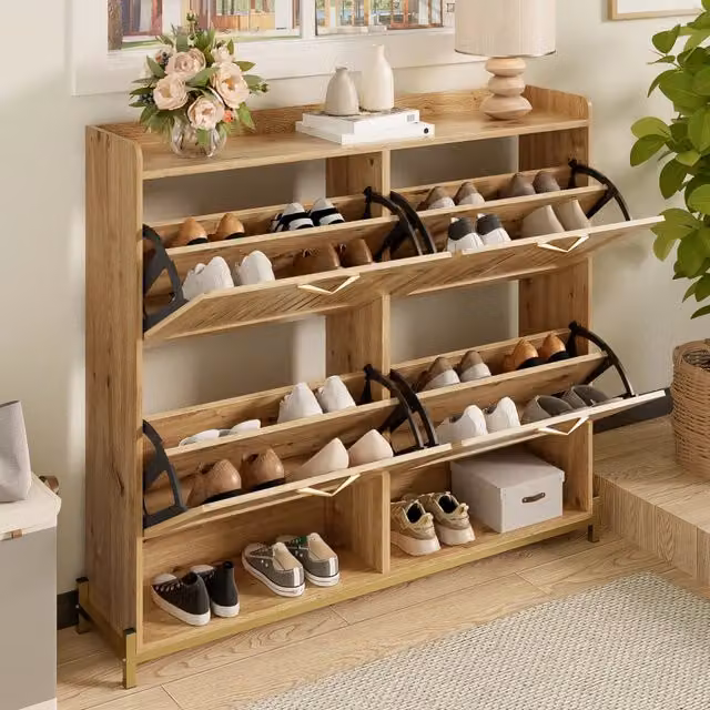 Scarpiera OKWISH moderna con 4 ante traforate e ripiano superiore per ingresso in MDF color marrone L: 108,5 cm, P: 24 cm, H: 100 cm